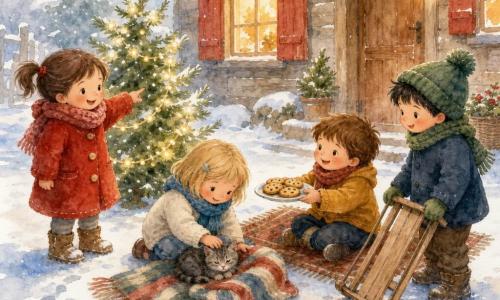 Four 3-year-old children stand together by a lit pine tree in a snowy courtyard in front of a small wooden house with red shutters: Mia, brown pigtails in a red coat with large buttons, stands left near the small lit tree pointing at a branch with a delighted smile; Ana, short blonde hair and a blue scarf, crouches center petting a grey kitten curled on a large striped scarf; Ben, tousled black hair and a green pompom hat, stands right holding a small wooden sled tilted forward; Sam, chestnut hair in a mustard jacket, sits on a wool rug by the door offering a plate of shared cookies to Ana and Mia. Warm golden light spills from the windows, powdery snow and swirling flakes, a decorated tree with yellow garlands, snaking footprints, joyful expressions, calm cozy atmosphere with soft blues, warm reds, fir greens and touches of gold.