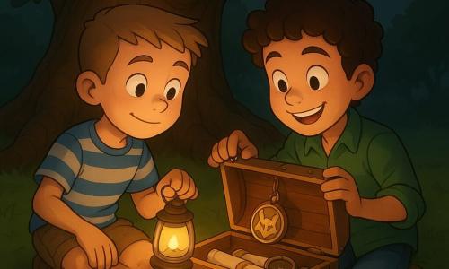 Two boys: about 11-year-old with light brown crew-cut hair, blue-and-white striped t-shirt, khaki shorts and slightly dirty knees, crouched left of a wooden chest holding a small glass lantern that softly lights their faces; and about 10-year-old with curly brown hair, rolled-sleeve green shirt, jeans and a broad smile, right of the chest holding the lid open to show a fox-shaped medallion inside. Scene at the base of a huge hollow oak with fissured bark and gnarled roots forming a circle, dark green leaves filtering evening light, mown grass with a few leaves and red ribbons around, and a flat mossy sliding stone near the chest. They discover a small wooden chest with brass fittings containing rolled parchments, a brass compass and a fox charm; warm lantern light contrasts with the cool dusk air, expressions of wonder, intimate adventurous atmosphere.