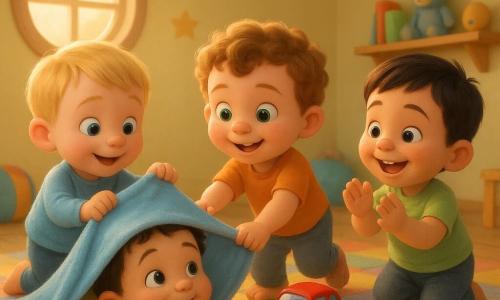 Vier Kinder, alle 2 Jahre: Max (blonder kurzer Haar, blaue Augen) links hält ein hellblaues Stoffquadrat und zieht es leicht zu sich; Emil (kastanienbraunes lockiges Haar, grüne Augen) in der Mitte schiebt ein glänzend rotes Spielzeugauto Richtung Ben; Ben (braunes Haar, Milchzähne sichtbar beim Lächeln) rechts klatscht, nahe am herannahenden Auto; Leo (schwarzes Haar, lachend) liegt vorne auf dem Bauch, hebt die Arme und ruft „Kuckuck!“ unter dem Stoff. Ort: helle, warme Kinderzimmeratmosphäre mit farbiger Patchworkdecke auf hellem Holzboden, pastellgelben Wänden mit ein paar Sternen, rundem Fenster mit weichem Morgenlicht, unscharfen Stoffspielzeugen und kleinem Holzregal im Hintergrund. Szene: Alle spielen Versteck mit dem hellblauen Tuch, fröhliche gerötete Gesichter, kuschelige, zentrierte Komposition, sanfte Farben, warme Kontraste und sichtbare Texturen (weicher Stoff, glattes Holz, glänzender Kunststoff).