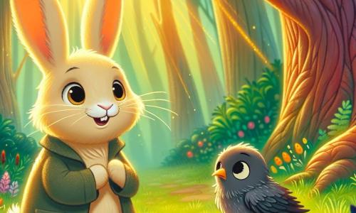 Um coelho chamado Tobias, com pelagem suave e sedosa de cor creme, grandes orelhas caídas e olhos brilhantes de curiosidade, está de pé sobre suas patas traseiras, com um sorriso alegre no rosto, pronto para a aventura. Ao seu lado, uma pequena corvo chamada Olívia, com penas marrons e olhos redondos, está em um galho baixo, com uma expressão preocupada mas determinada, olhando para Tobias com esperança. A cena se passa em uma floresta encantada, onde grandes árvores de troncos retorcidos se erguem em direção ao céu, suas folhas verdes brilham sob os raios do sol, e flores coloridas cobrem o chão. Raios de luz filtram-se através das folhagens, criando uma atmosfera mágica e acolhedora. Tobias e Olívia se preparam para partir em busca da pena mágica perdida de Olívia, enquanto a brisa suave faz as folhas dançarem ao redor deles, acrescentando um toque de mistério à sua busca.