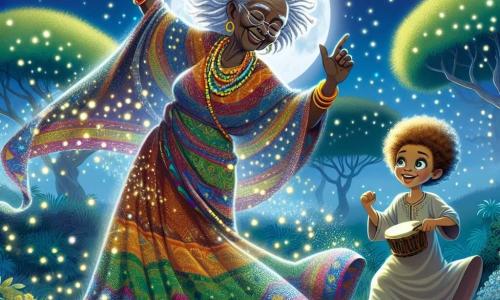 Amina, o femeie în vârstă cu părul argintiu și ochii strălucitori ca stelele, dansează cu grație la lumina lunii, cu un zâmbet cald pe față. Ea poartă o rochie colorată cu motive africane vibrante, iar brațele îi sunt ridicate spre cer, emanând o lumină blândă și reconfortantă. Lângă ea, o fetiță de aproximativ 8 ani, cu părul creț și ochii rotunzi plini de uimire, o observă cu admirație. Ea este îmbrăcată într-o tunică simplă și ține un mic tambur din lemn, pregătită să o însoțească în dans. Dansul lor are loc într-o poiană luminată, înconjurată de copaci măreți cu frunze verzi, sub un cer înstelat unde luna strălucește intens, proiectând umbre blânde pe pământ. Situația principală arată cum Amina și fetița dansează împreună pentru a alunga umbrele amenințătoare, mișcările lor fiind pline de bucurie și curaj, iluminând noaptea și aducând speranță în inimile sătenilor ascunși în întuneric.