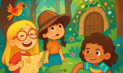Er zijn 3 personages: - Roos: een 8-jarig meisje met lang blond haar en een grote rode bril die vaak van haar neus glijdt. Ze glimlacht vrolijk terwijl ze een oude schatkaart vasthoudt. - Lila: een 7-jarig meisje met een te grote hoed die over haar ogen valt. Ze heeft bruin gevlochten haar en kijkt nieuwsgierig naar een grote boom. - Fleur: een 8-jarig meisje met krullend haar en een kleurrijk t-shirt, die opstaat nadat ze over een wortel is gestruikeld. Ze heeft een vastberaden blik op haar gezicht. De drie vriendinnen bevinden zich in een betoverd bos met hoge, majestueuze bomen en glinsterende bladeren in felle kleuren. Multicolore bloemen groeien om hen heen, en vogels met schitterende veren zingen in de takken. In de verte is een grote houten deur in een heuvel te zien, omringd door lianen en stralende bloemen. De hoofdsetting van het verhaal toont de drie vriendinnen die op avontuur zijn, klaar om de mysterieuze deur te openen die naar een verborgen schat leidt, met blije en opgewonden gezichten.