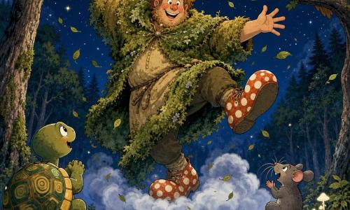 Un enorme y alegre gigante de mejillas rojas y cabello rizado desordenado, sonrisa amplia y ojos brillantes, con grandes zapatos de lunares y una capa de musgo, baila equilibrado sobre una nube baja, brazos abiertos y movimiento espiral; la tortuga Chispa, sobre una piedra en primer plano, con caparazón brillante amarillo y verde, mira asombrada y feliz; el ratón Mico, en una roca cercana, con bigotes alerta, aplaude; el búho Cocoliso, en una rama encima, observa con cabeza inclinada; claro del bosque nocturno con hierba verde, hongos rojos y blancos luminosos, troncos texturados, hojas que giran y estrellas brillantes en cielo índigo; escena amplia estilo cómic europeo, colores vivos, líneas nítidas, iluminación suave, movimiento dinámico con la nube giratoria y pequeñas chispas de luz.