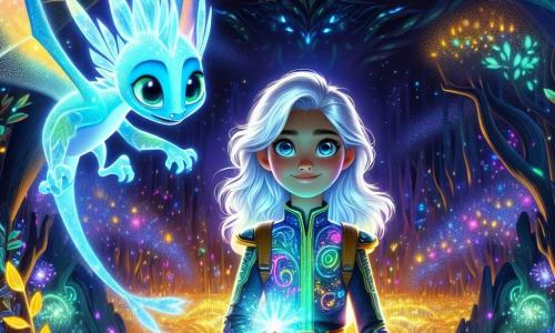 En el centro de la imagen, Ariel, una joven exploradora de catorce años, se presenta con determinación. Tiene cabello plateado que brilla como estrellas y ojos azul océano, reflejando su valentía. Lleva un traje espacial colorido, adornado con patrones luminosos, y sostiene un Cristal de Luz brillante en sus manos, iluminando su rostro con un resplandor cálido. A su lado, Zorak, un pequeño holograma en forma de dragón, flota alegremente. Sus escamas son de un azul brillante, y sus ojos destilan sabiduría. Sonríe, animando a Ariel en su búsqueda. En el fondo, la escena se desarrolla en el planeta Lumina, donde árboles brillantes con hojas doradas se elevan hacia un cielo estrellado. Luces bailan a su alrededor, creando una atmósfera mágica. Ariel se prepara para enfrentar a la Reina de las Sombras, que se encuentra en la sombra de un gran palacio de obsidiana, con una expresión amenazante. La tensión es palpable mientras la luz del Cristal ilumina la escena, simbolizando la esperanza y el coraje ante la oscuridad.