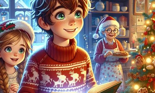 Un niño de 11 años, Lucas, con cabello castaño y ojos llenos de curiosidad, está frente a un gran árbol de Navidad decorado con guirnaldas brillantes y bolas de colores. Lleva un suéter rojo con un diseño de reno y muestra una sonrisa maravillada, sosteniendo un libro de cubiertas doradas en sus manos. A su lado, su hermana pequeña Clara, de 7 años, con largas trenzas rubias y un gorro navideño, observa con fascinación las decoraciones del árbol, con los ojos brillantes de emoción. Su abuela, una mujer mayor con gafas redondas y un delantal floral, está en la cocina de fondo, preparando pasteles de Navidad, con una cálida sonrisa en el rostro. La escena tiene lugar en una sala acogedora, llena de luces suaves y decoraciones festivas, con copos de nieve visibles a través de la ventana. La chimenea crepita suavemente, añadiendo un ambiente cálido. Lucas, maravillado por la magia de la Navidad, hojea el libro misterioso que encontró, listo para descubrir las aventuras que le esperan, mientras el espíritu navideño flota alegremente en el aire.