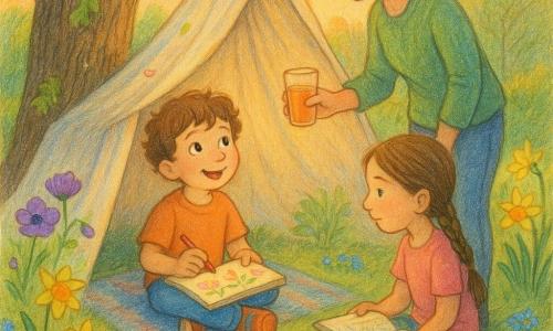 A warm twilight scene: a round-faced 6-year-old boy with curly light-brown hair and bright eyes sits inside a sheet fort under a large oak, drawing flowers in a notebook on his lap while his ~35-year-old mother with hair in a bun stands at the fort entrance offering a glass of juice and his ~9-year-old sister with long braided hair sits nearby on a blanket with a coloring book; the green lawn is dotted with dewy grass, purple anemones, yellow daffodils and small blue flowers, new oak leaves filtering golden light and a few petals drifting onto the fort.