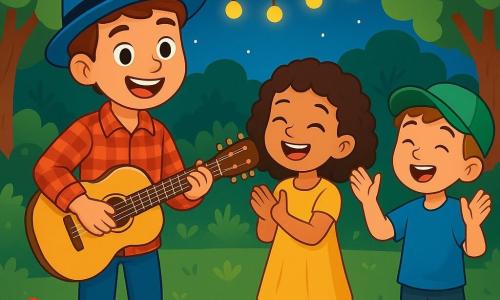 Un giovane, Luca, è in piedi su un piccolo palco di legno, con un grande sorriso. Indossa un cappello blu e una camicia a quadri rossi, tenendo in mano una chitarra color miele. I suoi occhi brillano di eccitazione per la musica. Accanto a lui, una bambina di circa 8 anni, con i capelli ricci e un vestito giallo, applaude al ritmo della musica, il suo volto radioso di felicità. Un ragazzo di 7 anni, con un cappellino verde e una maglietta blu, si trova proprio dietro di lei, cantando con entusiasmo. La scena è ambientata in un parco verde, circondato da alberi e fiori colorati, con luci soffuse che creano un'atmosfera accogliente. Luca canta una canzone gioiosa, invitando i bambini a cantare e a battere le mani con lui, creando una bella armonia di risate e musica sotto il cielo stellato.