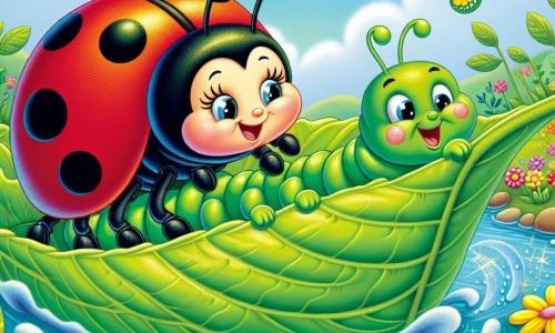 Una piccola coccinella di nome Lucia, con ali rosse brillanti e puntini neri lucenti, vola gioiosamente sopra una foglia verde, il suo viso radioso di felicità ed eccitazione. Accanto a lei, un piccolo bruco di nome Bruno, con un corpo verde morbido e occhi curiosi, spinge con determinazione la foglia-barca, sorridendo con entusiasmo. Sullo sfondo, un ruscello scintillante serpeggia attraverso un prato fiorito, pieno di fiori colorati e farfalle danzanti. La scena mostra Lucia e Bruno in piena avventura, pronti a navigare sull'acqua nella loro barca improvvisata, circondati dalla bellezza della natura.