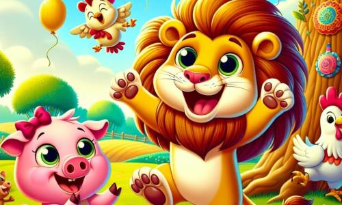 Un león llamado Leo, con una melena dorada y ojos brillantes de alegría, baila alegremente bajo un gran árbol, con las patas levantadas en el aire y una amplia sonrisa en su rostro. A su lado, una pequeña cerdita rosa llamada Rosa, con mejillas redondas y un lazo rojo en la cabeza, aplaude riendo, mientras un gallo llamado Pollo, con plumas coloridas, intenta bailar imitando a Leo, pero termina cayendo de espaldas, lo que hace reír a todos. El escenario es una hermosa granja soleada, con campos verdes, flores coloridas y un cielo azul salpicado de nubes blancas y esponjosas. La escena muestra a Leo y sus amigos en plena fiesta, rodeados de globos coloridos y guirnaldas, todos divirtiéndose juntos en un ambiente alegre y festivo.