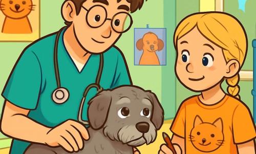 Un veterinario uomo, di circa trenta anni, con capelli castani disordinati e occhiali tondi, si trova in una clinica veterinaria luminosa. Il suo viso esprime concentrazione e benevolenza mentre esamina un piccolo cane anziano, con il pelo grigio e gli occhi dolci, sdraiato su un tavolo di esame. Accanto a lui, una ragazza di 10 anni, con capelli biondi intrecciati e una maglietta con un motivo di gatto, osserva con curiosità. Tiene un quaderno da disegno, pronta a catturare il momento. La clinica è piena di colori vivaci: pareti dipinte di verde pastello, manifesti di animali sorridenti e giocattoli sparsi sul pavimento. La situazione principale mostra il veterinario che rassicura il cane anziano, parlandogli dolcemente, mentre la piccola, affascinata, prende appunti nel suo quaderno, catturando la magia di questo momento di cura e compassione.