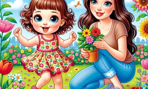 Una bambina di un anno, Sofia, con grandi occhi brillanti e capelli ricci castani, sorride felicemente saltellando in un giardino fiorito. Indossa un vestito colorato con motivi floreali e sandali. Accanto a lei c'è la sua mamma, una donna sui trent'anni, con capelli lunghi e lisci, che indossa una maglietta leggera e pantaloni di jeans. È inginocchiata, tenendo una piccola zappa, pronta a piantare fiori con sua figlia. Il giardino è pieno di fiori vivaci: tulipani rossi, narcisi gialli e grandi girasoli che si muovono dolcemente nella brezza primaverile. Il cielo è blu con alcune nuvole bianche e soffici, e il sole splende, illuminando il paesaggio. Sofia e sua mamma stanno piantando un seme nel giardino, circondate da colori vivaci e dal dolce profumo dei fiori, mentre gli uccelli cantano sugli alberi.