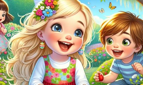 Ein 3-jähriges Mädchen, Leni, mit langen blonden Haaren und strahlenden Augen steht im Mittelpunkt des Bildes. Sie trägt ein buntes Blumenkleid und lächelt breit, während sie einen Korb mit bunten Ostereiern hält. Neben ihr schaut ihre beste Freundin Lara, ebenfalls 3 Jahre alt, mit braunen Haaren und Zöpfen, fasziniert auf ein rotes Ei, das sie gerade gefunden hat, ihre Augen leuchten vor Überraschung. Etwas weiter kniet Max, ein 4-jähriger Junge mit braunen Haaren und runden Brillen, konzentriert, um ein hinter einem Busch verstecktes Ei zu suchen. Die Szene spielt in einem strahlenden Frühlingsgarten, voller bunter Blumen, flatternden Schmetterlingen und einem klaren blauen Himmel. Im Hintergrund spendet ein großer Baum Schatten, und Vögel singen fröhlich in den Ästen. Die Hauptsituation zeigt Leni und ihre Freunde bei der Ostereiersuche, lachend und spielend, umgeben von der Schönheit des Gartens, was eine fröhliche und festliche Atmosphäre schafft.