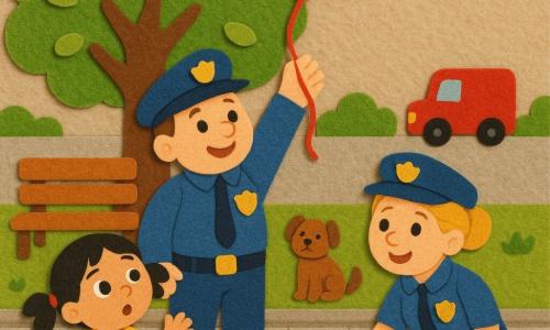 Un policía sonriente y amable, rostro redondo, cabello corto castaño y gorra azul, con uniforme limpio y placa brillante, estira el brazo para coger un hilo de globo rojo; a su izquierda, una niña de unos 5 años con coletas negras y vestido amarillo, ojos grandes asombrados, mira al policía; a la derecha, una compañera policía de unos 30 años, rubia recogida en moño, de rodillas colocando una tapa de alcantarilla y sonriendo. La plaza adoquinada tiene un gran árbol de hojas redondas, un banco de madera, un perro pequeño marrón junto al banco y un camión rojo al fondo. La escena muestra al policía recuperando el globo rojo de las ramas bajas mientras su colega recoloca la tapa; colores vivos, formas simples y siluetas expresivas para un felt board.