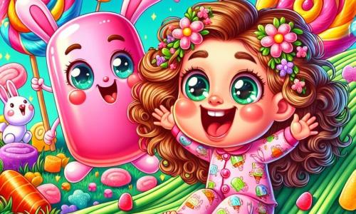 A 4-year-old girl with sparkling big eyes and curly hair smiles in wonder. She is wearing a pink pajama with bunnies and carrots and is sitting on a marshmallow cushion, surrounded by bright colors. Next to her, a large jellybean-shaped candy named Jim is joyfully bouncing, with a smiling face and open arms. The setting is a fantastical world filled with lollipop trees, gummy bear flowers, and gently waving green spaghetti grass. The girl and Jim are about to slide down a spaghetti slide, laughing heartily, while a sparkling spoon, the Silly Spoon, watches them with a big smile, ready to join them on their adventure.