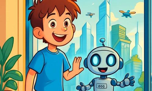 Um garoto de 12 anos, Miguel, com cabelos castanhos bagunçados e olhos brilhantes de curiosidade, está em frente a uma imensa janela panorâmica. Ele usa uma camiseta azul vibrante e um short vermelho, exibindo um sorriso entusiasmado. Ao seu lado, um pequeno robô chamado Tico, com corpo prateado e olhos luminosos, flutua alegremente, suas luzes piscando em sintonia com a empolgação de Miguel. A cena acontece em um apartamento futurista no 43º andar, com paredes de vidro transparente que oferecem uma vista espetacular de uma cidade vibrante com arranha-céus cintilantes, jardins suspensos e drones coloridos no céu azul. Miguel e Tico contemplam a cidade, prontos para uma aventura no laboratório de realidade aumentada, enquanto raios de sol filtram pelas janelas, iluminando o ambiente com uma luz dourada e acolhedora.