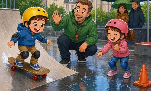 Ci sono tre personaggi: Nico, 5 anni, casco giallo lucido, capelli castani, viso rotondo e sorridente, a sinistra mentre scende lentamente una piccola rampa con lo skateboard di legno dalle ruote rosse che lascia tracce umide; Sara, 5 anni, casco rosa opaco, ginocchiere blu, coda corta, occhi ridanciani, a destra che applaude e indica una piccola pozzanghera; Marco, l’allenatore di circa 35 anni, pelle chiara, capelli corti, giacca impermeabile verde e fischietto, è al centro, accovacciato e incoraggiante; luogo: piccolo skate park di quartiere sotto una pioggia fine con asfalto liscio e lucido che riflette, rampe di cemento, due coni arancioni sulla pista, una pozzanghera ben visibile vicino a un cono e una piccola copertura sullo sfondo dove due adulti tengono un ombrello verde; atmosfera dinamica e calda, colori vivaci, espressioni rassicuranti.