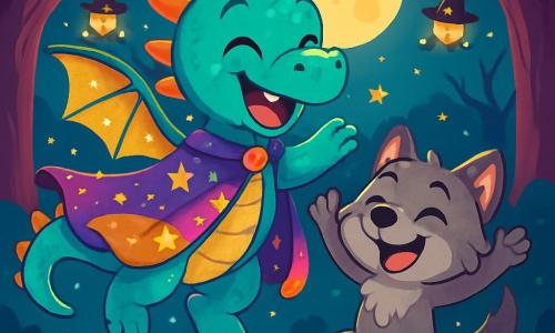 A small dragon named Flutter, with shimmering turquoise scales and shiny wings, joyfully floats in the air with a big smile on his face. He wears a multicolored cape adorned with stars and clouds, sparkling under the moonlight. Beside him, a small werewolf named Milo, with gray fur and sparkling eyes of joy, raises his arms in laughter, his tail wagging with excitement. In the background, an enchanted forest with twisted trees and sparkling branches, illuminated by fireflies wearing witch hats, creates a magical atmosphere. The scene shows Flutter and Milo happily dancing together, surrounded by laughter and lights, celebrating the spirit of Halloween in a festive and friendly atmosphere.