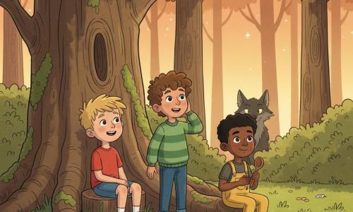 Three boys sit at the base of a large tree in a forest-edge clearing at dusk: Max, 8, messy blond hair, red T-shirt and blue shorts, sits left under the tree smiling curiously; Leo, 7, curly brown hair and a green striped sweater, stands center listening with a hand behind his ear and an amazed look; Sam, 6, short black hair and yellow overalls, sits right holding a small wooden ladle with adventurous bright eyes. In the background, a discreet wolf silhouette with pointed ears and glowing eyes peeks between bushes, half-hidden in the shadows. The scene has green grass dotted with wildflowers, tall mossy trunks, golden leaves, long shadows and a pale orange sky with early stars; the mood is soft and slightly mysterious with warm dusk colors and a clear, gentle cartoon style suitable for a 4-year-old.