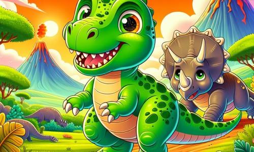 Un joven Tyrannosaurus Rex, llamado Tino, con una piel verde brillante y ojos llenos de curiosidad, camina por un camino de tierra, aplastando hojas con sus pequeñas patas robustas. Sonríe alegremente, mostrando sus dientes afilados, mientras busca un lugar seguro para vivir. A su lado, su mejor amiga, Tina la triceratops, con su gran cabeza adornada con tres cuernos y piel beige, lo mira amistosamente, lista para ayudarlo. Se encuentran en un valle verde, rodeados de majestuosas montañas y volcanes humeantes, bajo un cielo naranja brillante. La escena principal muestra a Tino y Tina conversando alegremente, explorando juntos su nuevo entorno, llenos de emoción y descubrimientos.