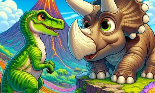 Wielki wulkan stoi w tle, a na jego szczycie znajduje się wspaniały węże Velo, velociraptor o zielonych piórach i błyszczących oczach, gotowy do skoku. Obok niego młody triceratops Trixi, z trzema charakterystycznymi rogami i beżową skórą, patrzy na Velo z podziwem. Wulkan otoczony jest kolorowymi kwiatami, które lśnią w słońcu, tworząc żywy krajobraz z puszystymi białymi chmurami na jasnoniebieskim niebie. Velo i Trixi szykują się do eksploracji wulkanu, pełni ekscytacji przed odkrywaniem tajemnic.