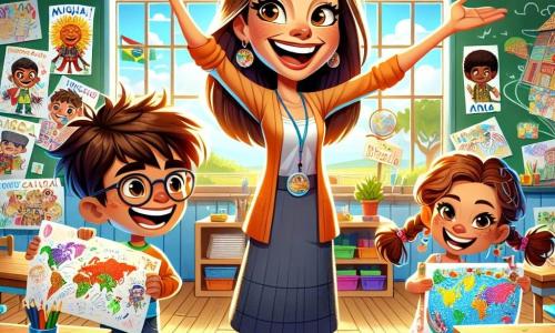 A cena mostra a Professora Luna, uma mulher jovem com longos cabelos castanhos e um sorriso radiante, em pé no centro da sala de aula. Ela está cheia de entusiasmo, com os braços abertos, rodeada de desenhos coloridos pendurados nas paredes. À sua direita, Miguel, um garoto de 8 anos com óculos e cabelos bagunçados, segura um grande desenho de um samurai, com os olhos brilhando de excitação. À sua esquerda, Ana, uma menina de 7 anos com tranças e um vestido florido, dança alegremente mostrando um cartaz sobre o Brasil, com um grande sorriso no rosto. A sala de aula é clara e acolhedora, com mesas de madeira, cadeiras coloridas e um grande quadro negro cheio de desenhos e palavras. Raios de sol filtram pelas janelas, iluminando o espaço. A situação principal mostra a Professora Luna e seus alunos compartilhando suas descobertas sobre o mundo, cada um apresentando o que aprendeu com entusiasmo, criando uma atmosfera de alegria e camaradagem.