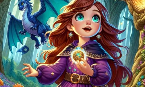 Al centro dell'immagine, una giovane apprendista strega, Arianna, di circa 10 anni, si trova davanti a un grande albero maestoso, con gli occhi brillanti di eccitazione e determinazione. Ha lunghi capelli castani e indossa un vestito viola decorato con stelle dorate, tenendo un medaglione luminoso nella mano. Il suo volto esprime curiosità e coraggio mentre guarda verso l'alto, pronta ad affrontare l'ignoto. Accanto a lei, un drago amichevole di nome Fyrion, con squame blu-azzurro scintillanti e grandi ali spiegate, si trova in posizione protettiva, con uno sguardo benevolo. Sullo sfondo, la foresta di Lunestra si estende, con alberi dai tronchi spessi e foglie brillanti illuminate dalla luce del mattino. Fiori magici dai colori vivaci punteggiano il terreno, aggiungendo un tocco di magia all'ambiente. Arianna solleva il suo medaglione verso il cielo, mentre Fyrion ruggisce dolcemente al suo fianco, creando un'atmosfera di magia e avventura, preannunciando l'inizio di una ricerca epica per ritrovare la Gemma dei Destini.