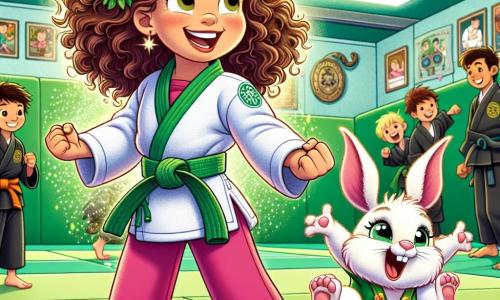 An 8-year-old girl named Lily, with curly brown hair that bounces, wears a colorful judo uniform and a green belt. She has a big smile, full of excitement and determination, as she prepares to step onto the mat. Next to her is a small magical rabbit named Bouncy, with bright pink fur and sparkling eyes, joyfully hopping and enthusiastically encouraging Lily. In the background, the judo dojo is decorated with green mats and walls adorned with shiny medals, while children of various ages, all in judo uniforms, train and cheer each other on. The scene shows Lily about to start a match, ready to showcase her skills, while Bouncy encourages her with a small whistle around his neck.