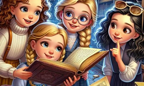 Vier vriendinnen, allemaal twaalf jaar oud, staan in een oude bibliotheek vol kleurrijke boeken. Emma, met krullend bruin haar en ronde bril, bekijkt een oud boek met een nieuwsgierige blik. Lotte, met blond gevlochten haar, glimlacht terwijl ze een groot geopend boek vasthoudt, haar ogen sprankelend van opwinding. Noor, met zwart haar en een zonnebril op haar hoofd, wijst met een vinger naar een mysterieuze illustratie in het boek. Tot slot kijkt Sophie, met glad kastanjebruin haar, aandachtig naar een kaart die ze in haar handen houdt, met een geconcentreerde uitdrukking. De bibliotheek is magisch, met donkere houten planken, zachte lichten die de vergeelde pagina's verlichten, en kleurrijke kussens verspreid over de vloer. Spinwebben in de hoeken voegen een vleugje mysterie toe aan de sfeer. De vier vriendinnen ontdekken een oude sleutel en een mysterieus boek dat hen leidt naar een spannend avontuur om het mysterie van een verborgen plek op hun school op te lossen.