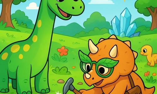 Um diplodoco feliz, com um longo pescoço verde e manchas amarelas, está à beira de um riacho cintilante, seus grandes olhos brilhando de curiosidade. Ao seu lado, um tricerátopo inventor, usando óculos de folhas e uma pequena bolsa de couro, utiliza ferramentas feitas de pedras para limpar o riacho, sorrindo com determinação. O cenário é uma vasta planície verdejante, salpicada de flores coloridas e grandes árvores, com cristais brilhantes que cintilam ao sol ao fundo. A cena mostra o diplodoco e o tricerátopo trabalhando juntos para purificar a água, cercados por pequenos dinossauros curiosos que os observam com admiração.
