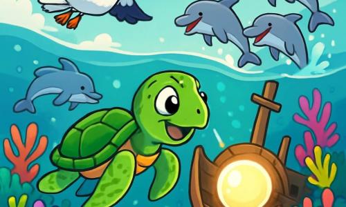 Tara, een jonge zeeschildpad met een groene en glanzende schaal, zwemt enthousiast in turquoise wateren, haar ogen sprankelend van opwinding en nieuwsgierigheid. Ze gaat richting een enorme, stralende parel, de Zeemaan, die met een zachte en magische gloed in het midden van een oud vergaan schip schittert, omringd door kleurrijke koralen. Opa Albatros, een grote vogel met sneeuwwitte veren, zweeft boven haar, zijn wijze en trotse ogen observerend met welwillendheid terwijl Tara's zoektocht voortduurt. Dichtbij spronget een groep dolfijnen met glanzende en vrolijke schubben uit het water, hun stralende glimlachen en gracieuze bewegingen voegen dynamiek toe aan de scène. De locatie is een prachtig koraalrif, waar bloemvormige koralen bloeien in levendige tinten van roze, paars en geel, terwijl kleurrijke vissen eromheen zwemmen, wat een sfeer van magie en avontuur creëert. De hoofdscène toont Tara, vol vastberadenheid, die dichterbij de fonkelende parel komt, klaar om haar heroïsche missie te volbrengen.