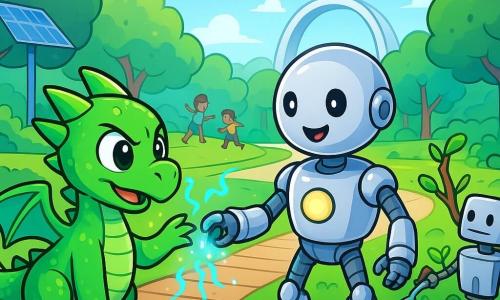 Un piccolo drago verde di nome Smeraldo, con squame brillanti e occhi pieni di curiosità, si trova su un ponte di legno sopra un parco futuristico. Mostra un'espressione di determinazione e gioia, osservando attentamente le piante che lo circondano. Al suo fianco, un robot di nome Pip, con un corpo in metallo argentato e braccia articolate, emette un bagliore amichevole, mostrando un'espressione di sostegno ed entusiasmo. Più lontano, un robot giardiniere di nome Ramo, con braccia a forma di rami e ruote al posto dei piedi, si dedica ad annaffiare fiori colorati, mostrando una intensa concentrazione. Il luogo è un parco lineare futuristico, pieno di alberi lussureggianti, fiori brillanti e passerelle di legno che si snodano tra installazioni solari scintillanti. I bambini giocano gioiosamente sui prati verdi, mentre droni volanti sorvegliano il cielo. La scena principale mostra Smeraldo e Pip che lavorano insieme per risolvere un problema di irrigazione, con sensori luminosi che lampeggiano intorno a loro, mentre Ramo li aiuta ad annaffiare le piante, creando un'atmosfera di collaborazione e scoperta.