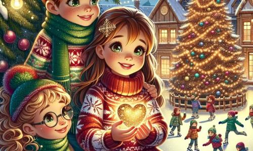 Al centro dell'immagine, tre amiche sono riunite attorno a un grande albero di Natale scintillante. Sofia, una ragazza di 10 anni con lunghi capelli castani e occhi brillanti, indossa un maglione rosso con fiocchi di neve e sorride felice tenendo un cuore d'oro nelle mani. Elena, una ragazza di 9 anni con capelli biondi ricci e occhiali rotondi, indossa una sciarpa verde e legge un libro di fiabe di Natale, seduta su un ramo basso dell'albero. Chiara, una ragazza di 10 anni con capelli castani corti e lentiggini, è in piedi accanto a Sofia, mentre indica un gruppo di bambini che pattinano felicemente su una pista di ghiaccio vicina. Il luogo è una splendida piazza natalizia, illuminata da luci scintillanti e circondata da case di legno decorate con fiocchi di neve. Fiocchi di neve cadono dolcemente dal cielo, aggiungendo un tocco magico all'atmosfera. Le tre amiche festeggiano la loro vittoria dopo aver trovato oggetti magici per salvare il Natale, circondate da risate e gioia, mentre i bambini si divertono intorno a loro.