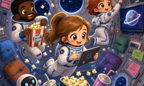 Clara, una astronauta sonriente y asombrada con coleta castaña clara, lleva un traje blanco con detalles azules y toca una tableta; Javier, un astronauta de unos 35 años con barba corta y cabello negro, ríe y sostiene una bolsa de palomitas flotando a la izquierda; a la derecha, una compañera pelirroja de unos 30 ajusta una pequeña lámpara; el interior es un módulo espacial estrecho y redondeado de paredes metálicas grises con cables, etiquetas, cojines y ventanas redondas que muestran estrellas; la escena muestra una mini sala de cine improvisada: una pantalla proyecta una imagen de planeta, palomitas y bebidas flotan y los personajes flotan en círculo compartiendo un momento cálido y lúdico.