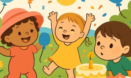 Ci sono 3 personaggi: - Mia: una bambina di 1 anno, con capelli ricci e un grande sorriso. Indossa un bel cappello rosa e tiene un palloncino blu in mano. - Lia: una bambina di 1 anno, con capelli lisci e una piccola treccia. È vestita con un vestito giallo e danza felicemente, con le braccia alzate. - Pia: una bambina di 1 anno, con capelli castani e occhi brillanti. Indossa una maglietta verde e sta soffiando su una candela di torta, con un'espressione concentrata. Le tre bambine si trovano in un giardino soleggiato, pieno di fiori colorati e palloncini volanti. Una grande tavola decorata con una tovaglia a pois ospita una magnifica torta di crema, circondata da pasticcini e coriandoli. La situazione principale mostra le tre amiche che festeggiano il compleanno insieme, ridendo e giocando intorno al tavolo, con scoppi di risate e sorrisi radiosi.