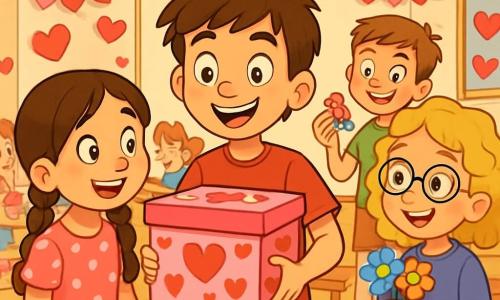 Ci sono 4 bambini: Marco, un ragazzo di 10 anni con capelli castani disordinati e occhi scintillanti, indossa una maglietta rossa e jeans ed è al centro mentre tiene una grande scatola decorata con cuori. Giulia, una ragazza di 10 anni con lunghe trecce castane e un sorriso radioso, indossa un vestito rosa a pois bianchi ed è a sinistra di Marco, guardando la scatola con meraviglia. Sara, una ragazza di 10 anni con capelli biondi ricci e occhiali tondi, indossa un maglione viola e una gonna di denim ed è a destra di Marco, tenendo un mazzo di fiori di carta che ha fatto. Tommy, un ragazzo di 10 anni con capelli castani e lentiggini, indossa una maglietta verde e pantaloni corti ed è dietro Marco, con un'aria birichina, tenendo alcune caramelle nelle mani. La scena si svolge in un'aula colorata, decorata per San Valentino con cuori di carta appesi, festoni rosa e rossi e tavoli di legno dove i bambini sono seduti, ridendo e scambiando biglietti. Marco sta presentando la scatola sorpresa a Giulia, mentre Sara e Tommy lo osservano con impazienza, creando un'atmosfera gioiosa e calorosa.