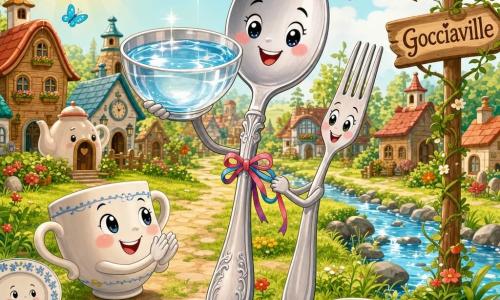 Un grande cucchiaio antropomorfo di metallo dal manico lungo e argentato, volto rotondo e sorriso luminoso, tiene una coppa d'acqua chiara che riflette i raggi del sole; una piccola forchetta amica, sottile e vivace, con espressione gioiosa è accanto a lui e tiene lacci colorati annodati al manico per aiutarlo a portare l'acqua; una tazzina piccola e rotonda di porcellana in primo piano a sinistra sorride e applaude mentre alcuni piattini e tazzine più piccoli guardano ammirati; ambientazione nel villaggio campestre Gocciaville con casette in legno e ceramica, sentiero fiorito, erba verde, fiori rossi e gialli e un ruscello con ciottoli scintillanti a destra; la scena mostra cucchiaio e forchetta che tornano dal ruscello camminando con cura sul sentiero senza rovesciare l'acqua, sole caldo in alto a sinistra e farfalle colorate; stile vettoriale netto, colori vivaci, contorni morbidi, composizione centrata e leggibile per bambini.