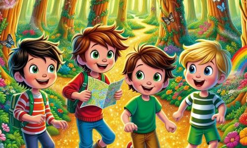In an enchanted forest, four boys around 8 years old stand together, ready for adventure. Max, with messy brown hair and a red t-shirt, smiles enthusiastically while holding a map. To his right, Leo, a blond boy with glasses and a blue sweater, points to a shimmering golden path. Sam, with brown hair and wearing green shorts, jumps for joy, while Ben, with black hair and a striped t-shirt, looks around with wide eyes, intrigued by the bright colors of the flowers. The forest is filled with majestic trees and vibrant green leaves, while colorful flowers cover the ground, creating a rainbow of colors. Shimmering butterflies fly around them, adding a touch of magic to the atmosphere. The boys stand in front of a clearing where a shining star rests on a bed of soft moss, preparing to help a small fairy with sparkling wings who looks at them with hope.