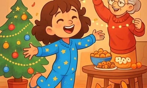 A 10-year-old girl, Maya, with curly brown hair, is wearing a blue pajamas with sparkling stars. She has sparkling eyes and a big smile on her face, dancing around a cozy living room decorated with colorful lanterns. Her grandmother, an elderly woman with silver hair, is busy hanging string lights from the ceiling, laughing softly. She is wearing a fluffy red sweater and glasses. The living room is filled with soft light, with a large Christmas tree in one corner, adorned with shiny ornaments and garlands. A table is covered with cakes and fruits, and shiny confetti is scattered on the floor. Maya is joyfully spinning around with her arms open, excited for the upcoming New Year's celebration, while Whiskers, the cat, plays with a colorful ribbon at her feet.