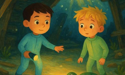 Two boys, Milo (6, short brown hair, calm eyes) in a sky-blue wetsuit holding a soft lamp with his left hand pointing to a solid wooden plank, and Ben (6, tousled blond hair, curious eyes) in a pale green wetsuit slightly behind and to the right, stand inside a shallow underwater wreck with thick worn beams and cracked planks but a clear sturdy central floor edged with shells and green algae; golden sunbeams pierce the water and light bubbles rise as Milo illuminates a wide area where a pebble makes a clear 