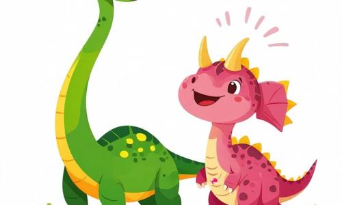 Młody diplodok nazwany Dino, z zieloną skórą i żółtymi plamami, radośnie stoi w centrum obrazu, jego długi szyja sięga w niebo, a na jego twarzy widać ekscytację z dużymi, błyszczącymi oczami. Obok niego Trixi, mały różowy triceratops z trzema rogami na czole i przyjaznym uśmiechem, skacze z radości, unosząc przednie łapy, gotowa do odkrywania. W tle majestatyczny brachiozaur nazwany Brok, z długą i elegancką szyją, pochyla się, aby podziwiać krajobrazy, jego oczy błyszczą ciekawością. Sceneria to rozległa, zielona dolina otoczona majestatycznymi górami z ośnieżonymi szczytami, usiana kolorowymi kwiatami i liściastymi drzewami. W oddali puszyste chmury unoszą się na jasnoniebieskim niebie, dodając magii scenie. Główna sytuacja pokazuje Dino i Trixi, pełnych entuzjazmu, przygotowujących się do pokazania Brokowi ich tajemniczej polany, gdzie znajdują się pyszne liście i ukryte skarby, symbolizujące przyjaźń i przygodę.