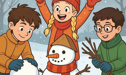 Um garoto de 12 anos, Miguel, com cabelos castanhos bagunçados e bochechas rosadas pelo frio, está inclinado para frente, concentrado e sorrindo, moldando uma bola de neve com suas mãos cobertas por luvas azuis. Ao lado dele, uma garota de 12 anos, Sara, com cabelos loiros trançados e usando um gorro vermelho, o encoraja levantando os braços, cheia de energia e alegria. Um garoto de 12 anos, João, com óculos e um casaco verde, está recolhendo galhos para decorar seu boneco de neve, um pouco afastado, mas com um sorriso cúmplice. O cenário é um grande pátio coberto de neve, cercado por árvores sem folhas, onde flocos de neve caem suavemente do céu cinza claro, criando uma atmosfera mágica e invernal. No centro, um boneco de neve já bem formado, com um cachecol colorido e um chapéu de papel, aguarda para ser finalizado. A cena transmite uma sensação de camaradagem e empolgação, onde a amizade e a criatividade florescem sob a neve cintilante.