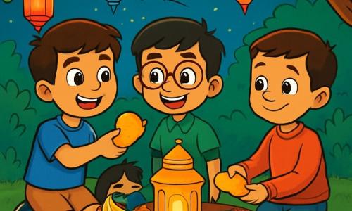 Há 3 personagens: - Amir: um garoto de 10 anos, com cabelo castanho e olhos brilhantes. Ele usa uma camiseta azul e um short bege, está à esquerda, sorrindo, segurando um pedaço de pão dourado. - Samir: um garoto de 8 anos, com cabelo preto e óculos redondos. Ele veste uma camisa verde e uma calça preta, está no centro, olhando para Amir com entusiasmo, pronto para compartilhar o pão. - Malik: um garoto de 9 anos, com cabelo curto e expressão tímida. Ele usa um suéter vermelho e jeans, está à direita, um pouco afastado, mas sorrindo, segurando um pedaço de pão que Amir lhe oferece. O cenário é um jardim encantador, iluminado por lanternas coloridas penduradas nos galhos das árvores. O chão está coberto de tapetes orientais vibrantes, e uma grande mesa está posta com pratos deliciosos, frutas e xícaras de chá. A lua brilha no céu estrelado, acrescentando um toque mágico à atmosfera. A cena principal mostra os três meninos reunidos em torno da mesa, compartilhando alegremente o pão mágico, com rostos radiantes de felicidade que ilustram o espírito de compartilhamento e camaradagem, enquanto a lanterna dourada brilha intensamente ao centro, simbolizando a magia da amizade deles.