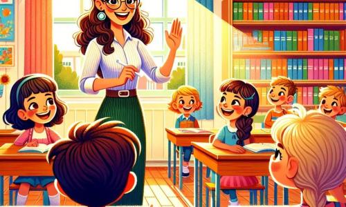 A cena mostra a professora Ana, uma mulher na casa dos trinta anos, com cabelos castanhos ondulados e óculos redondos, sorridente e cheia de energia. Ela está em pé diante de um quadro negro, segurando um giz branco, com os olhos brilhando de alegria e entusiasmo. Ao lado dela, Joana, uma menina de 8 anos com cabelos loiros em duas tranças, levanta a mão com um grande sorriso, ansiosa para fazer uma pergunta. Lucas, um menino com cabelos castanhos curtos, está sentado em sua cadeira, com os olhos bem abertos, ouvindo atentamente, com um caderno colorido à sua frente. A sala de aula é iluminada e acolhedora, com paredes decoradas com desenhos de crianças, estantes cheias de livros coloridos e janelas deixando entrar a luz do sol. As mesas de madeira estão dispostas em círculo, criando uma atmosfera calorosa e colaborativa. A situação principal mostra a professora Ana explicando com paixão o poder das perguntas, enquanto os alunos, cativados, tomam notas e trocam ideias, criando uma atmosfera de aprendizado alegre e dinâmica.