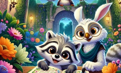 In a magical courtyard filled with vibrant flowers, a young raccoon named Oliver, with gray fur and sparkling curious eyes, stands in the center, smiling widely while holding an old adventure book. Beside him, a wise owl named Professor Hoot, with white feathers and round glasses, observes proudly as she points to an intriguing passage in the book. Nearby, a small rabbit named Luna, with long soft ears and light brown fur, gazes at the starry sky in wonder, her eyes shining with dreams and excitement, ready to share her wishes. The secret courtyard is surrounded by ivy-covered walls and colorful murals, where luminescent flowers sway gently in the wind, creating an enchanted atmosphere. The main scene shows Oliver and his friends discovering the wonders of the book together, immersed in a world of adventure, dreaming of their next explorations under the starry sky.