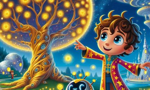 Een jonge jongen genaamd Finn, ongeveer 10 jaar oud, staat aan de voet van een enorme magische boom, de Levensboom, met gouden bladeren die schitteren onder een sterrenhemel. Finn heeft krullend bruin haar, nieuwsgierige ogen en draagt een kleurrijke tuniek versierd met sterrenmotieven. Hij glimlacht verwonderd en heft een hand op om de glanzende schors van de boom aan te raken. Naast hem zweeft een robot genaamd Bliep, met een glanzend metalen lichaam en knipperende lichten, die vrolijke geluiden maakt. Bliep heeft een ronde, vriendelijke vorm met expressieve ogen die lijken te glimlachen. Op de achtergrond is de Verborgen Planetenstad zichtbaar, met zilveren en gouden gebouwen, omringd door schitterende kristallen en luminescente planten. Kinderen spelen op vliegende tapijten en robots dansen om hen heen, wat een sfeer van magie en vreugde creëert. De scène toont Finn en Bliep die de schoonheid van de Levensboom ontdekken, verwonderd door de zachte melodie die uit de bladeren opstijgt, wat de harmonie en magie van hun avontuur in dit fantasierijke universum symboliseert.