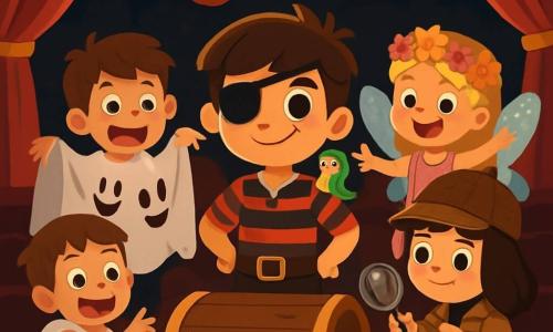 There are 4 children: Max, an 8-year-old boy with messy brown hair and a black eye patch, wearing a pirate costume with a red and black striped shirt, black pants, and a small stuffed parrot on his shoulder, stands in the center, smiling determinedly. Lily, an 8-year-old girl with long shiny blonde hair and sparkling fairy wings, is dressed in a glittery pink dress and wearing a flower crown, slightly behind, raising her arms enthusiastically. Sam, an 8-year-old boy with brown hair, is wrapped in a white sheet decorated with funny faces, making silly faces to the left of Max, ready to make everyone laugh. Emily, an 8-year-old girl with dark brown hair and an oversized detective hat, wears a beige trench coat and holds a magnifying glass, standing to the right of Max, carefully observing the treasure. The setting is a dark and mysterious theater stage with red and gold curtains drawn and empty rows of seats. In the center, an old wooden treasure chest covered in cobwebs shines under the soft light of a spotlight. Halloween decorations like smiling pumpkins and paper ghosts are hung around the stage. The main scene shows the four friends discovering the treasure chest on stage, their faces lit up with excitement and curiosity, surrounded by a magical atmosphere, ready to open the chest and reveal its surprises.