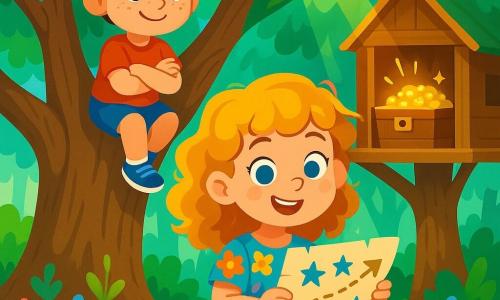 A 6-year-old girl with sparkling blue eyes and golden curls stands in front of an old oak tree, a mischievous smile on her face. She wears a colorful floral dress and holds a hand-drawn treasure map with stars and arrows. Next to her is her best friend, Max, a 6-year-old boy with brown hair and freckles, looking at the map with excitement, arms crossed, standing on a low branch of the oak. The setting is an enchanted forest, with majestic trees and vibrant green leaves, sunlight filtering through the branches, and a carpet of colorful wildflowers covering the ground. The main scene shows Lily and Max discovering an old wooden chest in a treehouse, their faces lit up with curiosity and wonder as they prepare to open the chest filled with sparkling treasures.