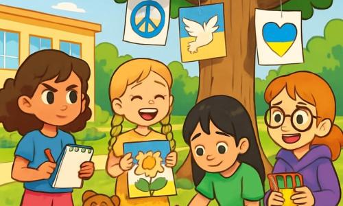 There are 4 children: Ruby, a 10-year-old girl with curly brown hair wearing a blue t-shirt and pink shorts, holding a notebook and pencil, looking determinedly at her friends; Anya, a 10-year-old girl with braided blonde hair in a yellow floral dress, joyfully smiling while holding a colorful poster; Lila, a 10-year-old girl with straight black hair in a green t-shirt and jeans, drawing on a large sheet of paper; and Zoe, a 10-year-old girl with red hair and glasses in a purple hoodie, looking enthusiastic while holding a pack of colored pencils. The main setting is a sunny schoolyard surrounded by tall green trees, with a majestic oak tree in the center, its branches adorned with shiny leaves. Colorful cardboard boxes filled with clothes, toys, and food are placed around the tree, and handmade posters with messages of peace and hope are hanging from the branches. The main scene shows the four children enthusiastically collaborating to organize a donation drive for families affected by the war, laughing and exchanging ideas amid their colorful posters and overflowing boxes of kindness, creating an atmosphere of solidarity and hope.