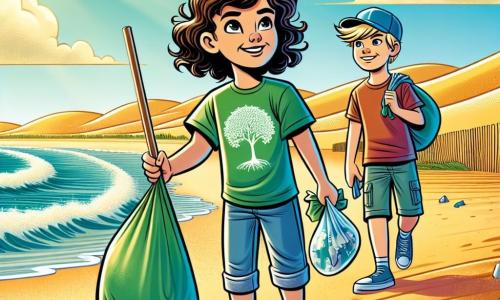 Uma menina de 12 anos, Ana, com cabelos castanhos e cacheados, usa uma camiseta verde com um desenho de árvore e um short jeans. Seu rosto irradia determinação e entusiasmo enquanto ela coleta lixo em uma praia ensolarada. Ao seu lado, seu amigo João, também de 12 anos, tem cabelos loiros e usa um boné azul. Ele segura um saco de lixo e sorri, mostrando seu apoio a Ana. Ao fundo, a praia é cercada por dunas de areia dourada e ondas turquesas que quebram suavemente na costa. Pássaros voam no céu azul claro, adicionando vida à cena. Ana e João estão limpando a praia, cercados por lixo plástico, determinados a proteger o habitat das tartarugas marinhas.