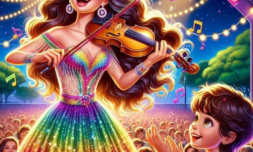 Clara, uma jovem de cabelos longos e ondulados, vestida com um vestido colorido e brilhante, está no palco, radiante e cheia de emoção, com um grande sorriso no rosto. Ela toca seu violino, seus olhos brilhando de alegria, enquanto notas de música parecem flutuar ao seu redor como estrelas. Perto dela, Pedro, um garoto de sete anos com cabelos castanhos e olhos brilhantes, observa Clara com admiração, aplaudindo entusiasticamente. Ele veste uma camiseta listrada e um short, em pé na multidão, cativado pela magia da música. O concerto acontece em um parque verdejante, sob um céu azul com nuvens brancas, com majestosas árvores ao fundo. Luzes coloridas iluminam o palco, criando uma atmosfera festiva e alegre. A cena principal mostra Clara tocando e cantando no palco, cercada por uma multidão maravilhada, enquanto Pedro, com o coração acelerado, sente a magia da música que os une a todos.